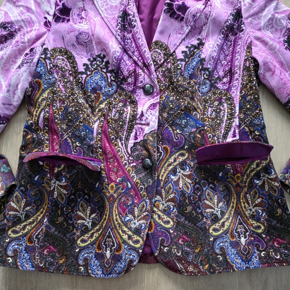 Basler Purple Multicolor Paisley Print Blazer Velvet Collar Jacket Medium - Picture 8 of 16